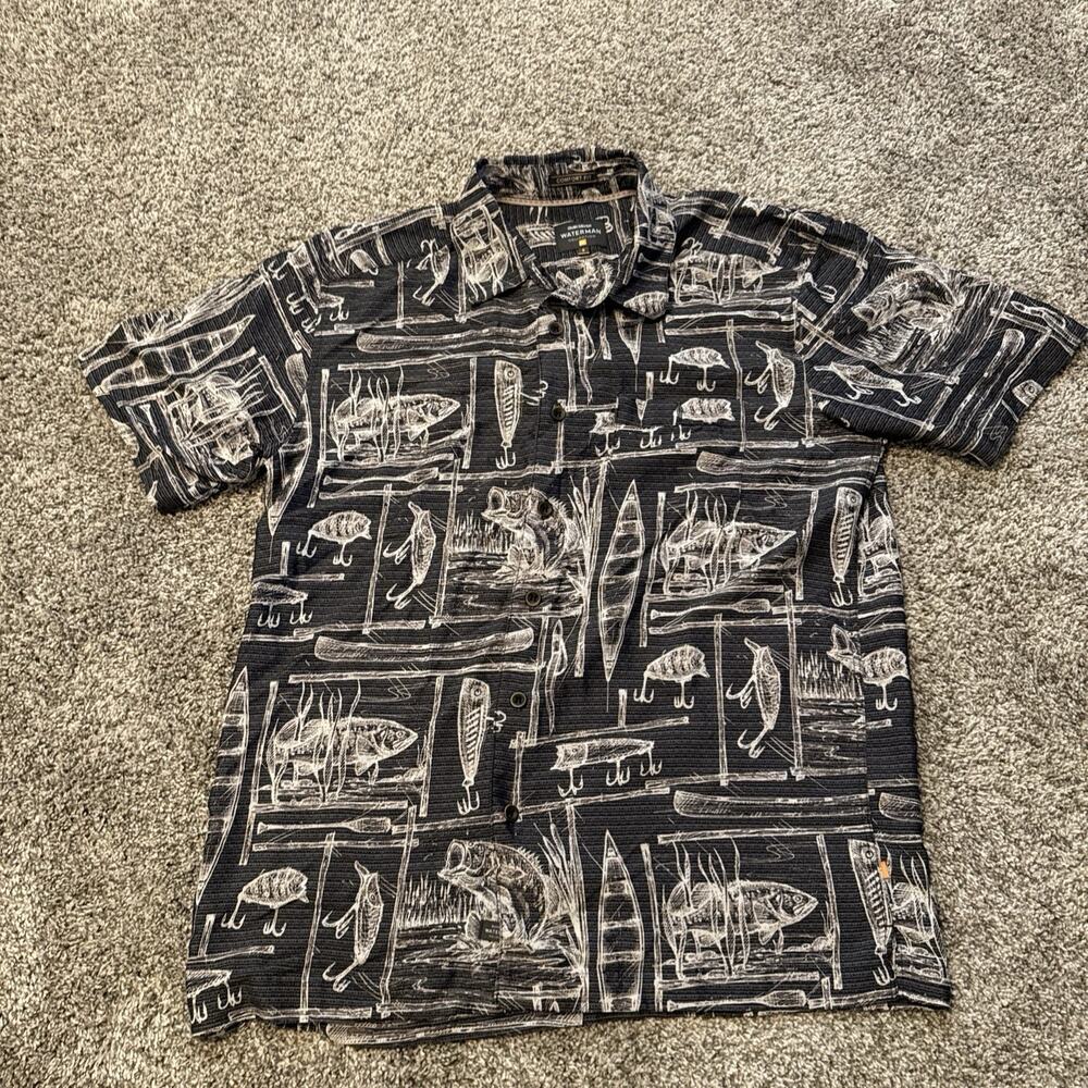 Quicksilver Waterman Fishing Hooks Lures Print Aloha Button Up Shirt Sz S Gray